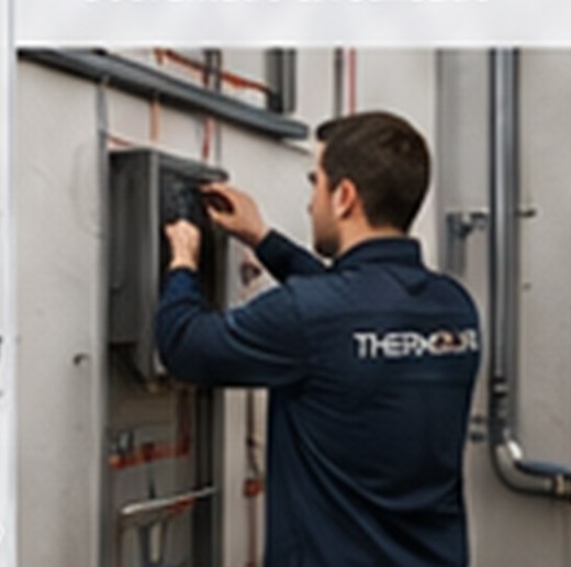 Technicus van Thermolink die een installatie aansluit in de technische ruimte
