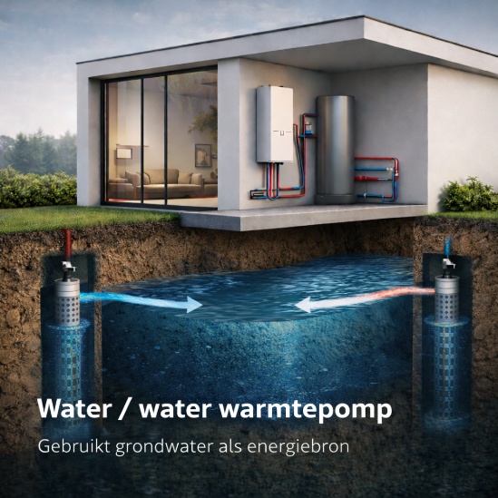 Doorsnede van een woning met een water-water warmtepomp die grondwater als bron gebruikt